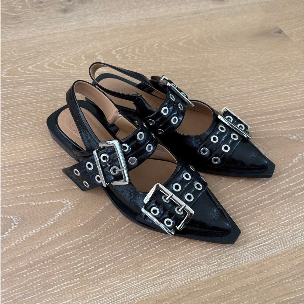 Ganni Ballerina Flats Feminine Buckle Size EU 38 Black Silver